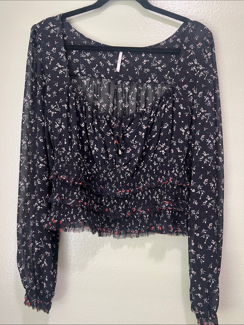 Free People Black Floral Smocked Long-Sleeve Top